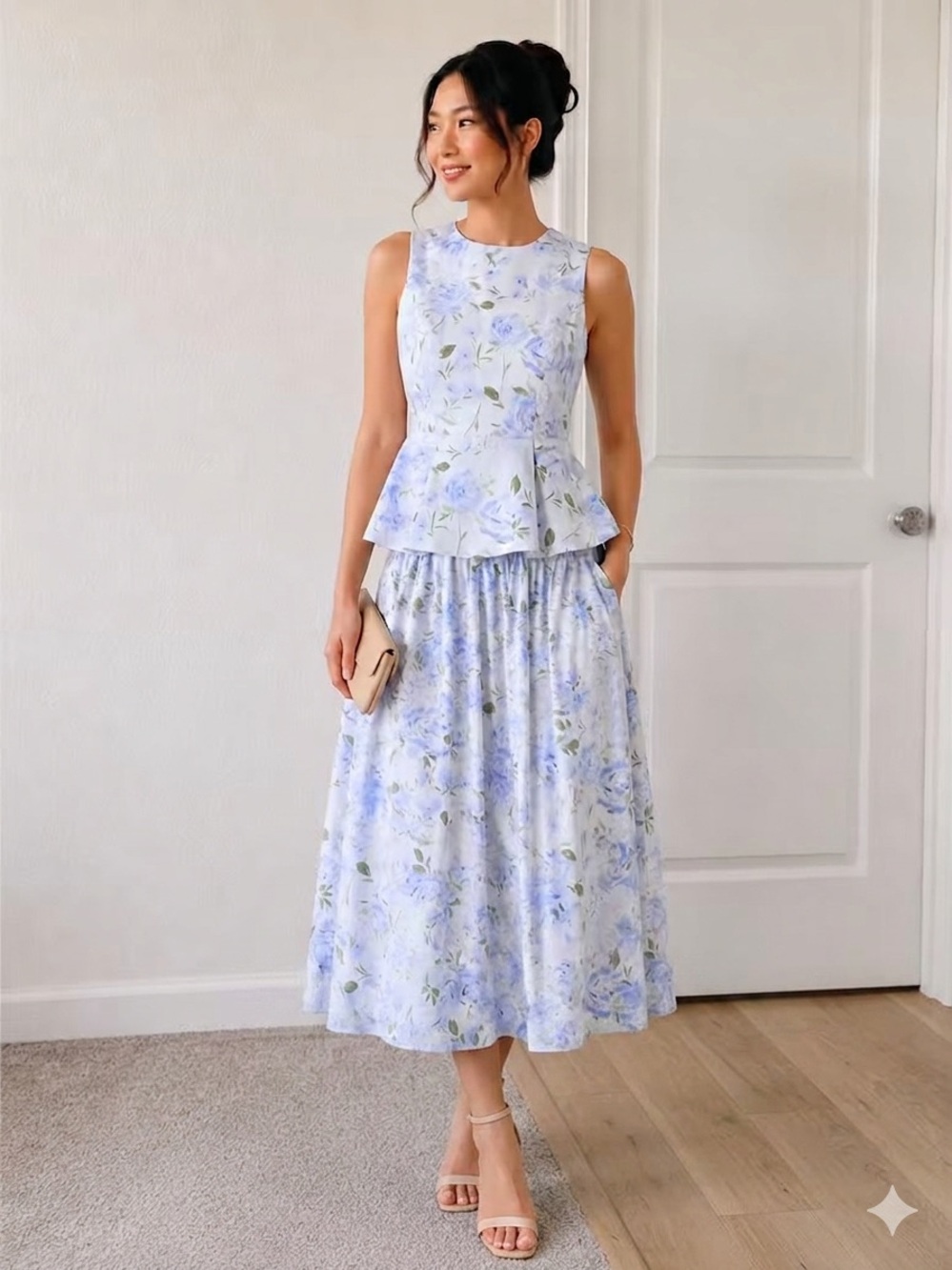 PROSPERINA SABINE BLUE & PINK COTTON REVERSIBLE PEPLUM TOP &  MIDI SKIRT M $290